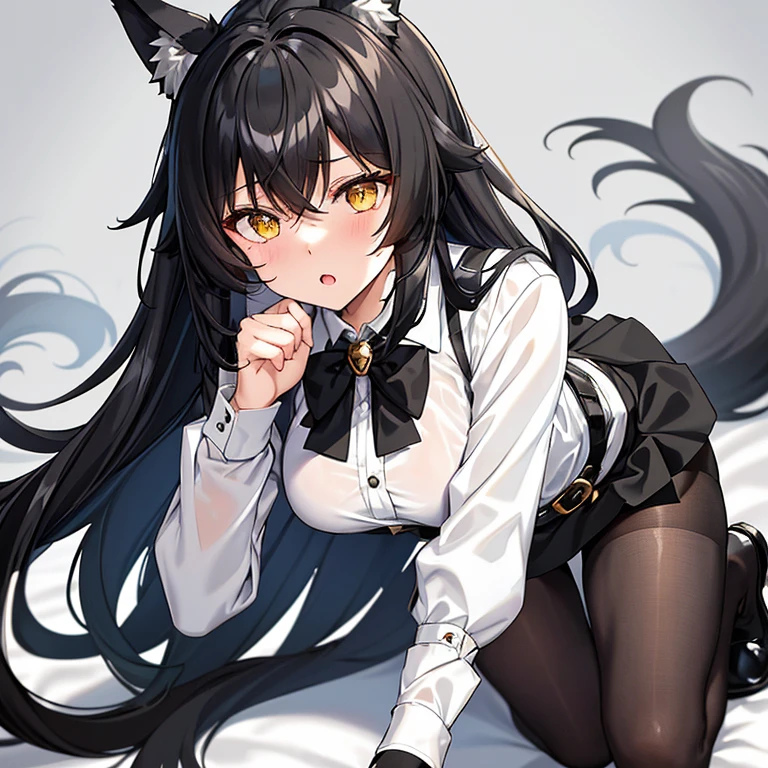 Black long haired girl with fluffy wolf ears as her aesthetic eyes yellow she is wearing a white dress shirt with black vest and blue tie and she is wearing a gray skirt with belt on her wrist and black pantyhose on her bottom on her legs there's a belt with a knife as she is wearing a white boots