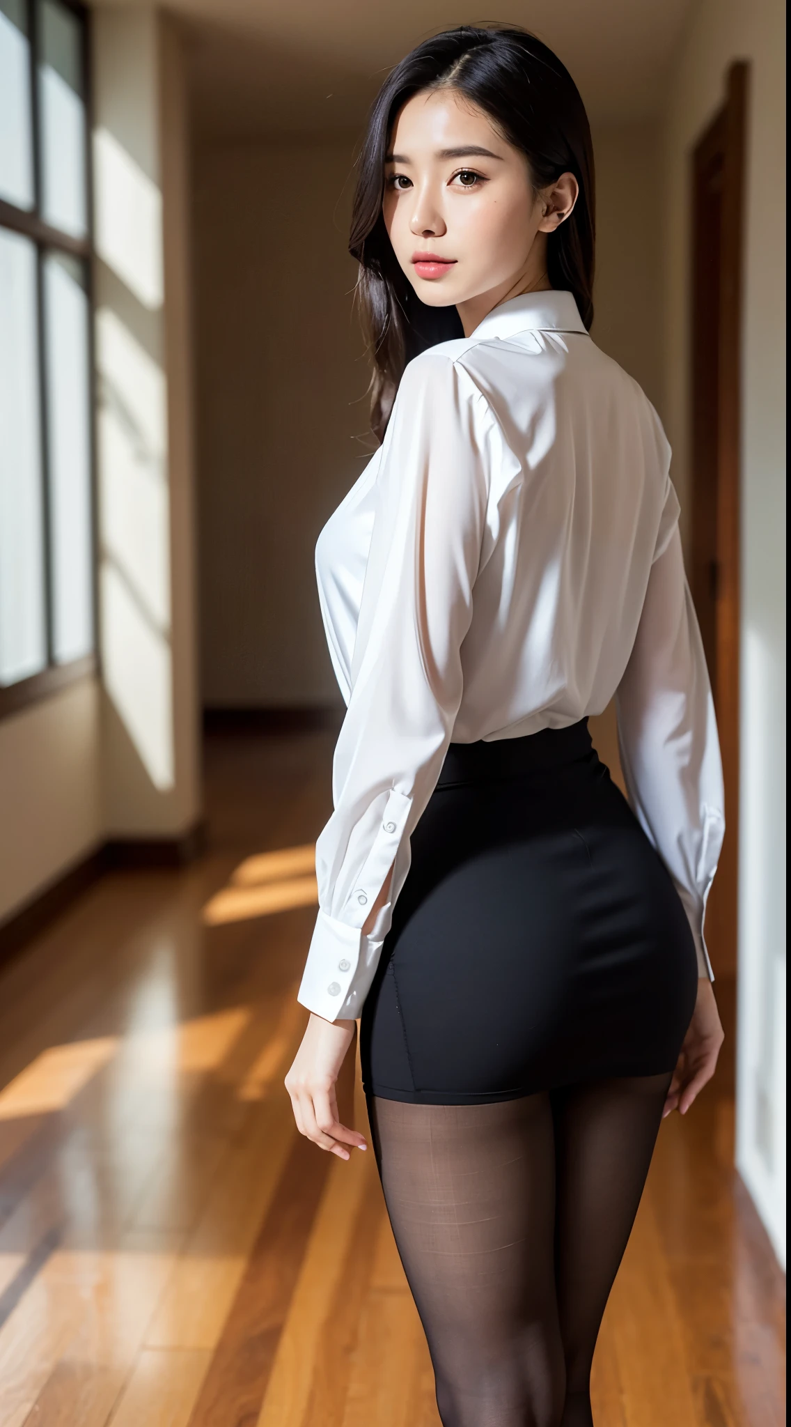 Bewitching beautiful mature elite secretary in luxurious silk blouse、40 years、height 154cm、well-proportioned body shape、hourglass figure、skirt and thighs、while walking down the hallway、Business service, (wearing pantyhose,realistic pantyhose)、work in the office、Wearing a satin blouse, ultra-thin fabric、smooth、See-through fabric、girl wearing luxury high heels, Wearing an elegant blouse, Wearing an ultra-thin blouse, business woman, Blouses and skirts, Wearing a silk blouse, wear a shirt and skirt, japanese goddess、RAW photo, (8K、highest quality、masterpiece:1.2)、(intricate details:1.4)、(Photoreal:1.4)、octane rendering、Ultra-detailed complex 3D renderings, soft light in the studio, rim light, vivid details, super detail, realistic skin texture, details face, beautiful detailed eyes, Highly detailed CG Unity 16k wallpaper, compensate, (detailed background:1.2), shiny skin、looked back、exposed thighs!!!, AsianEyesEra,