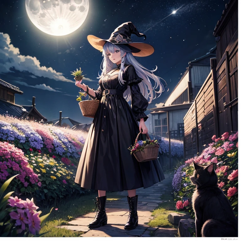 (color々A witch around 25 years old is standing there holding a large basket of medicinal herbs.) and (There is one cat with black fur.) 、Beige dress、黒colorのマント、黒colorの三角帽子、 dark brown long boots、 green eyes、 A sloppy smile 、Bluestone Pendant、(Moonlight night:1.4)、 starry ski、 (grassland) 、colorとりどりの花々
