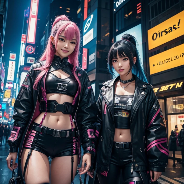 masterpiece, best quality, 2 ((smiling)) cyberpunk indonesian girls standing together, Harajuku inspired cyberpunk body harness, bold colors and patterns, eye-catching accessories, trendy and innovative hairstyles, enchanting Cyberpunk cityscape, buildings skyscrapers, shining neon lights, LED lights, anime illustrations, detailed skin textures, detailed fabric textures, beautiful facial details, intricate details, highly detailed, cinematic lighting, strong contrast. realistic