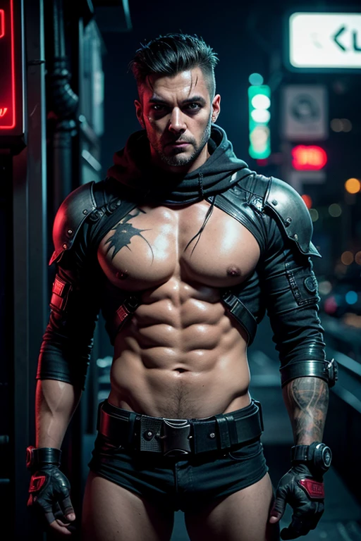 Professional photo in cyberpunk style, thigh-high photo, one man, metal skull, scar on face, metal torso, metal arms, old rusty armor, night city, neon lights, eye contact, looking at viewer, masterpiece, best quality, perfect  detail, perfect face detail, perfect eye detail, perfect skin detail, depth of field, perfect lighting