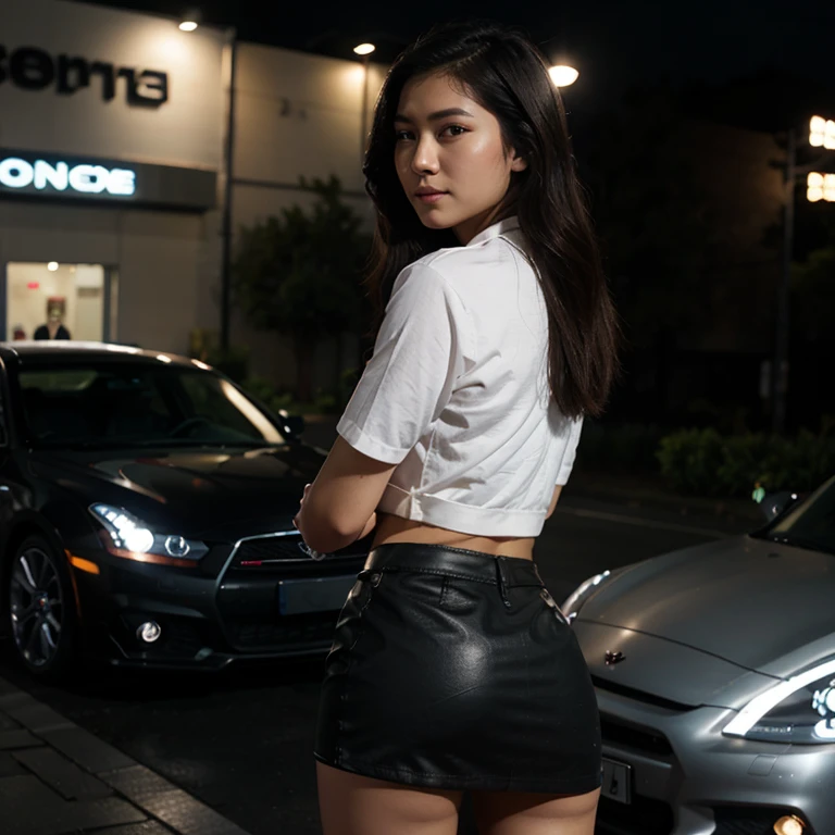 from back, face focus, looking at viewer, little smile, night, dark, moody lighting, Tyndall effect, Cinematic Lighting, HD, a beautiful 25 years old Asian girl, ribbon bow on her long hair, infront of gtr car, standing and posting, wearing miniskirt, wearing cropped shirt,