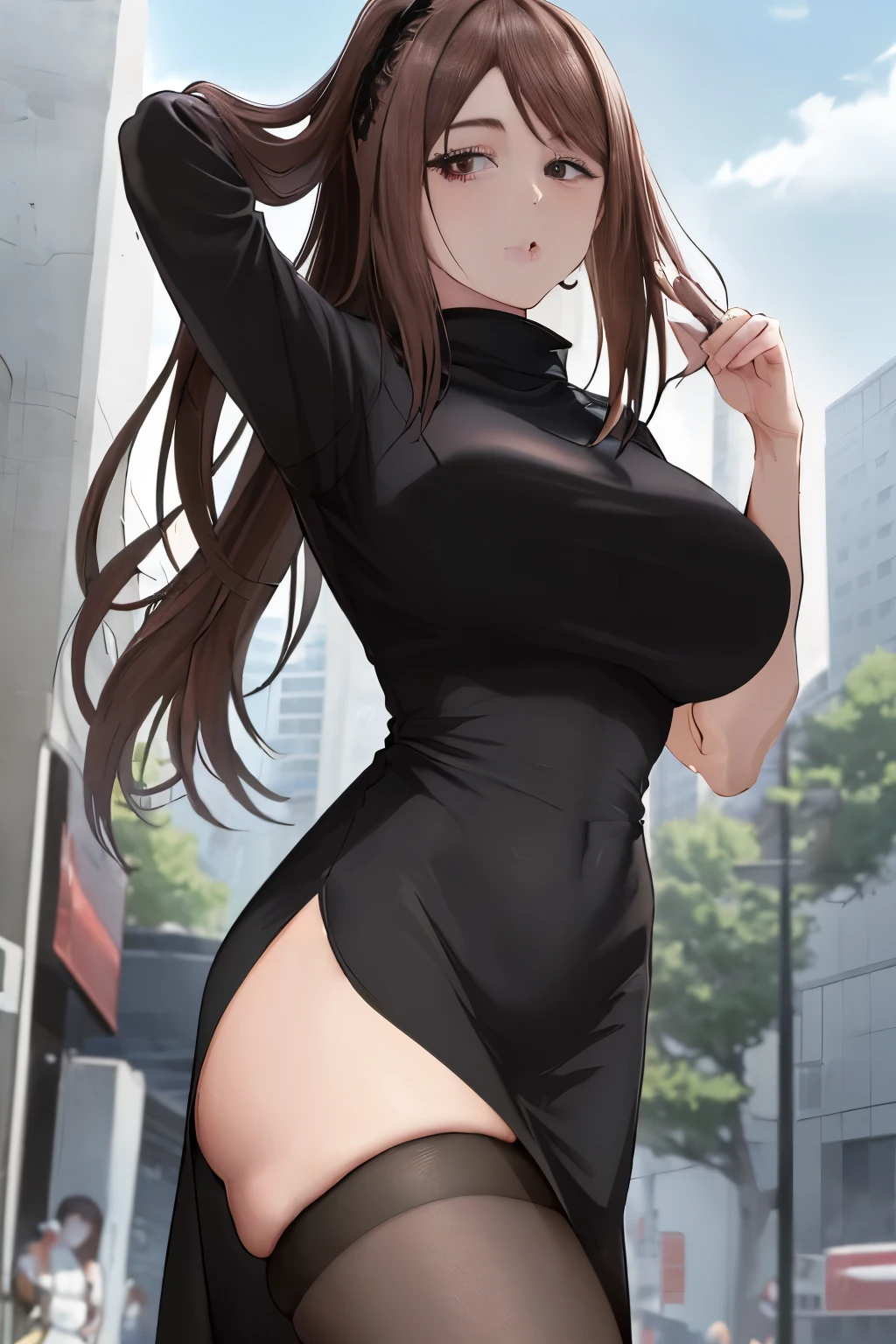 masterpiece, 最high quality, high quality,
outdoor, street,
looking at the viewer,
1 female, black dress, Jujutsu Kaise、The word is big breasts、stockings