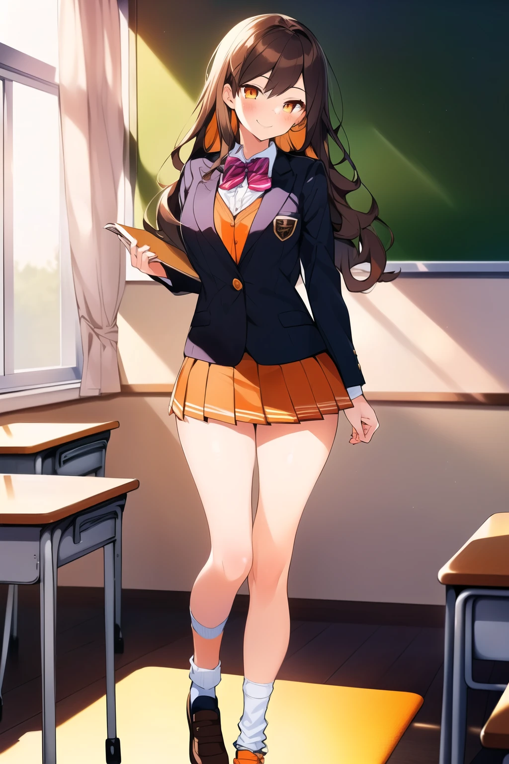 (((1girl))), ((best quality)), (((masterpiece))), ((ultra-detailed)), (illustration), (detailed light), (an extremely delicate and beautiful), (beautiful detailed eyes), (sunlight), ((extremely light)),
((((school blazer and a pleated skirt)))),
school girl,
wavy medium hair, (((dark brown hair))), (((long hair))),
(((deep orange eyes))),
((whole body)), ,
diamond, beautiful, ((extra elegant)), (((condescending expression))), (sexually mischievous smile), (((extra adorable))), (((extra slender shape))),
(((standing in the classroom))),
(((extraordinarily thin thighs))),
(((mat white ankle socks))),