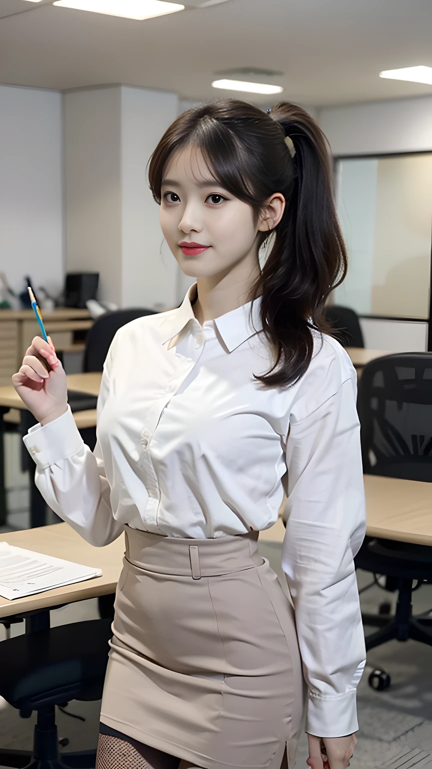 extremely detailed CG unity 8k wallpaper, best quality, ultra-detailed, masterpiece, realistic, photo realistic, extremely detailed cute girl, 25years old, (secretary), large breasts , smile, parted lips, business white shirt , pencil skirt , office, reception, half body shot ,