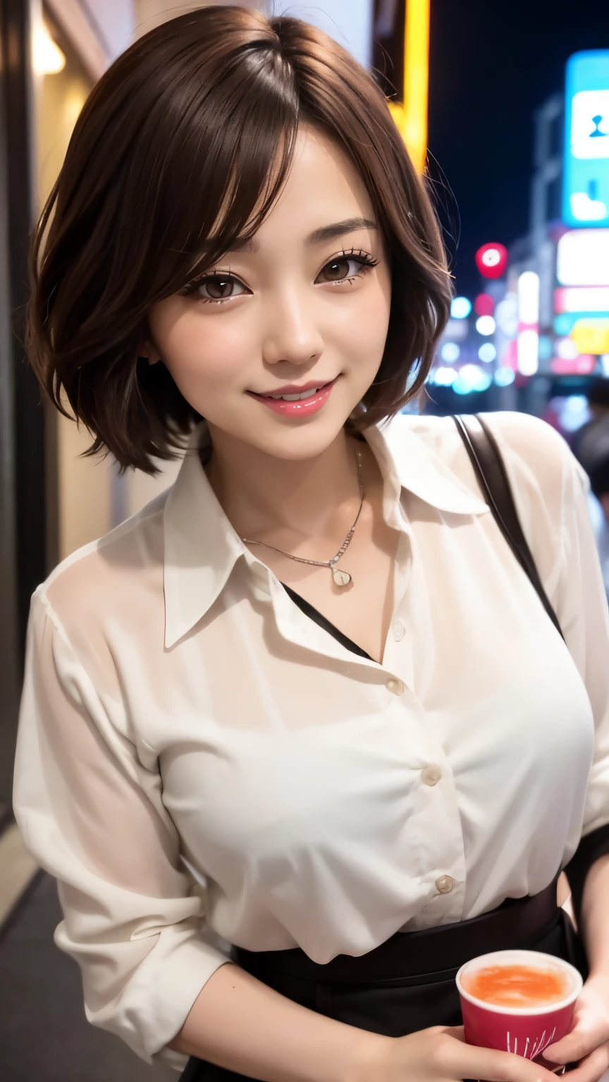 A beautiful Japanese shy girl, short brown hair, brown big eyes, shiny lip, shiny hair, ecstatic expression, in cafe, she is sitting sofa, lanch on the table, The background is very blurry, wearing white blouse,