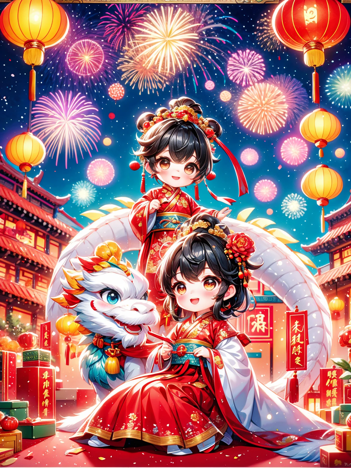 Extremely cute toddler princess, Chinese dragon, Chinese New Year celebration, full of traditional holiday elements like fireworks, firecrackers and red spring couplets