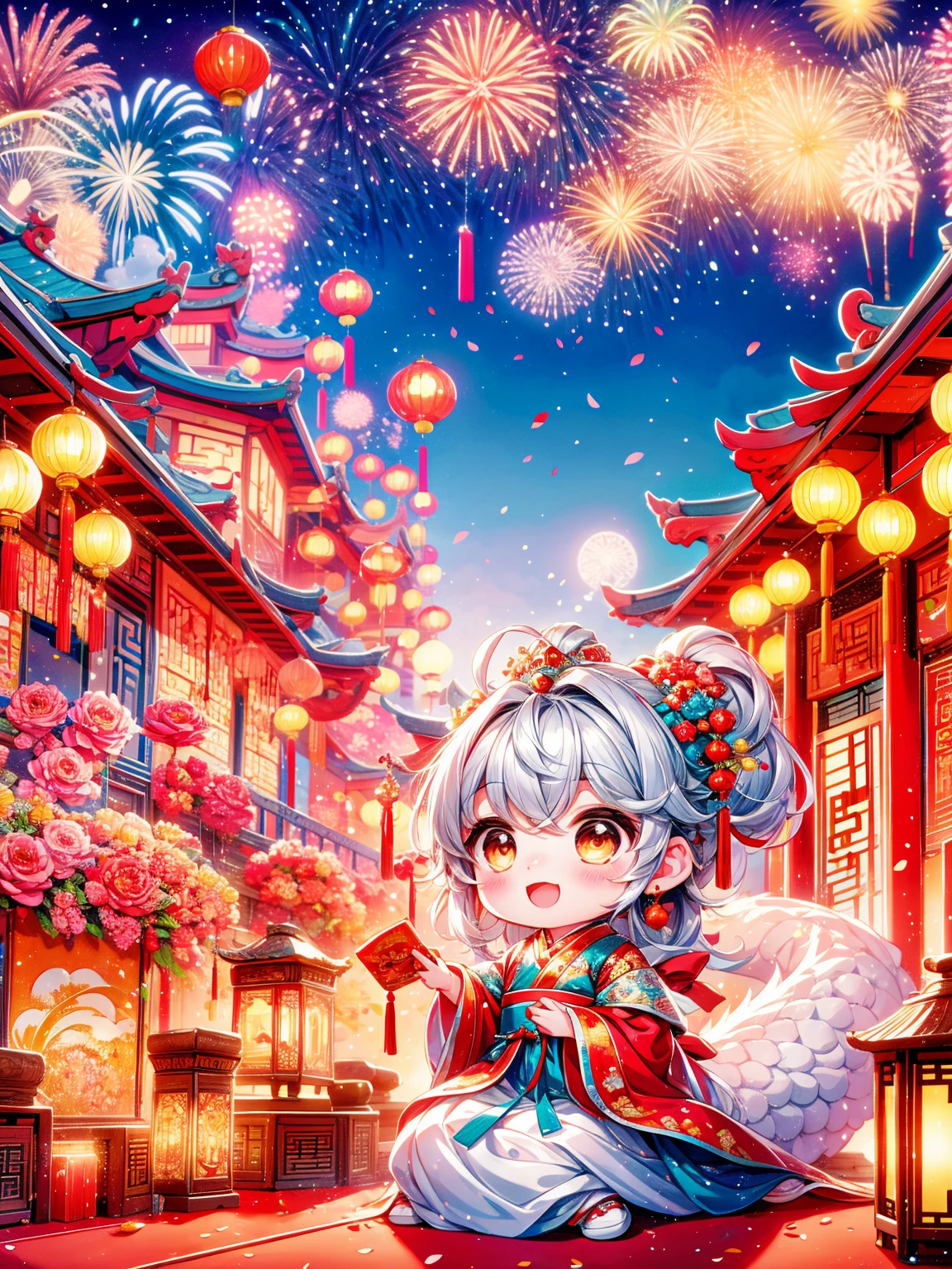 Extremely cute  princess, Chinese dragon, Chinese New Year celebration, full of traditional holiday elements like fireworks, firecrackers and red spring couplets