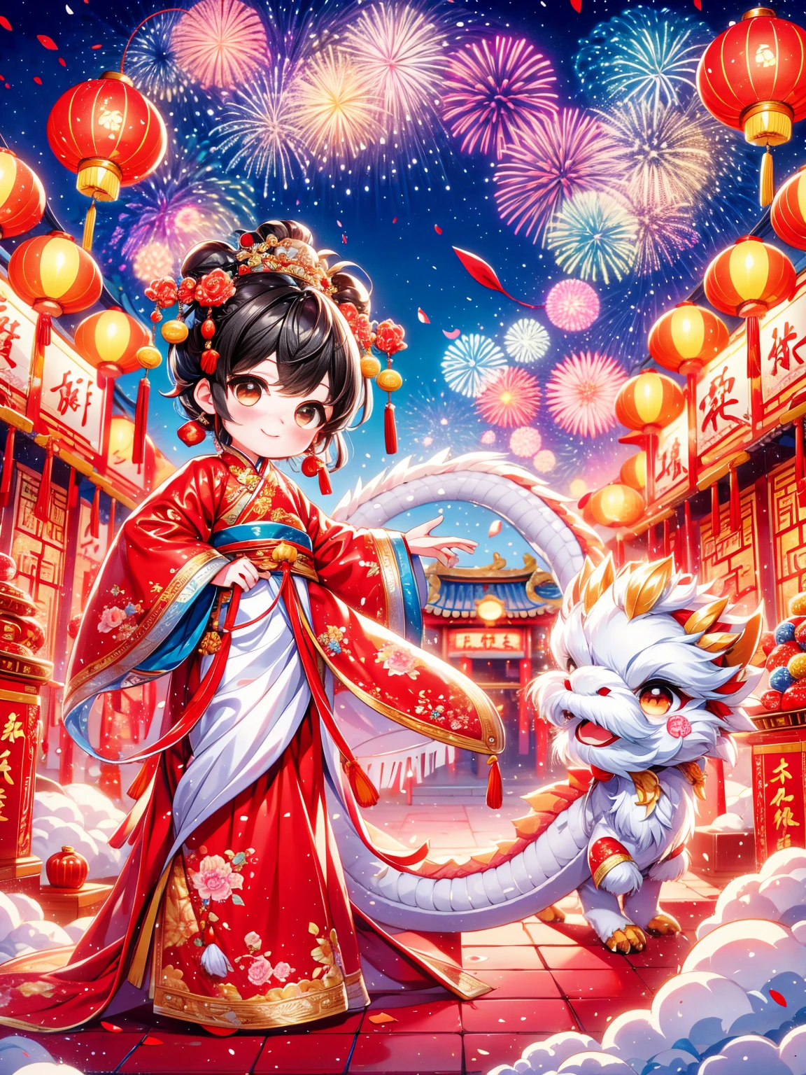 Extremely cute toddler princess, Chinese dragon, Chinese New Year celebration, full of traditional holiday elements like fireworks, firecrackers and red spring couplets