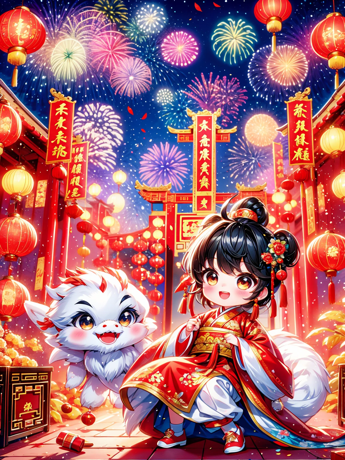 Extremely cute toddler princess, Chinese dragon, Chinese New Year celebration, full of traditional holiday elements like fireworks, firecrackers and red spring couplets