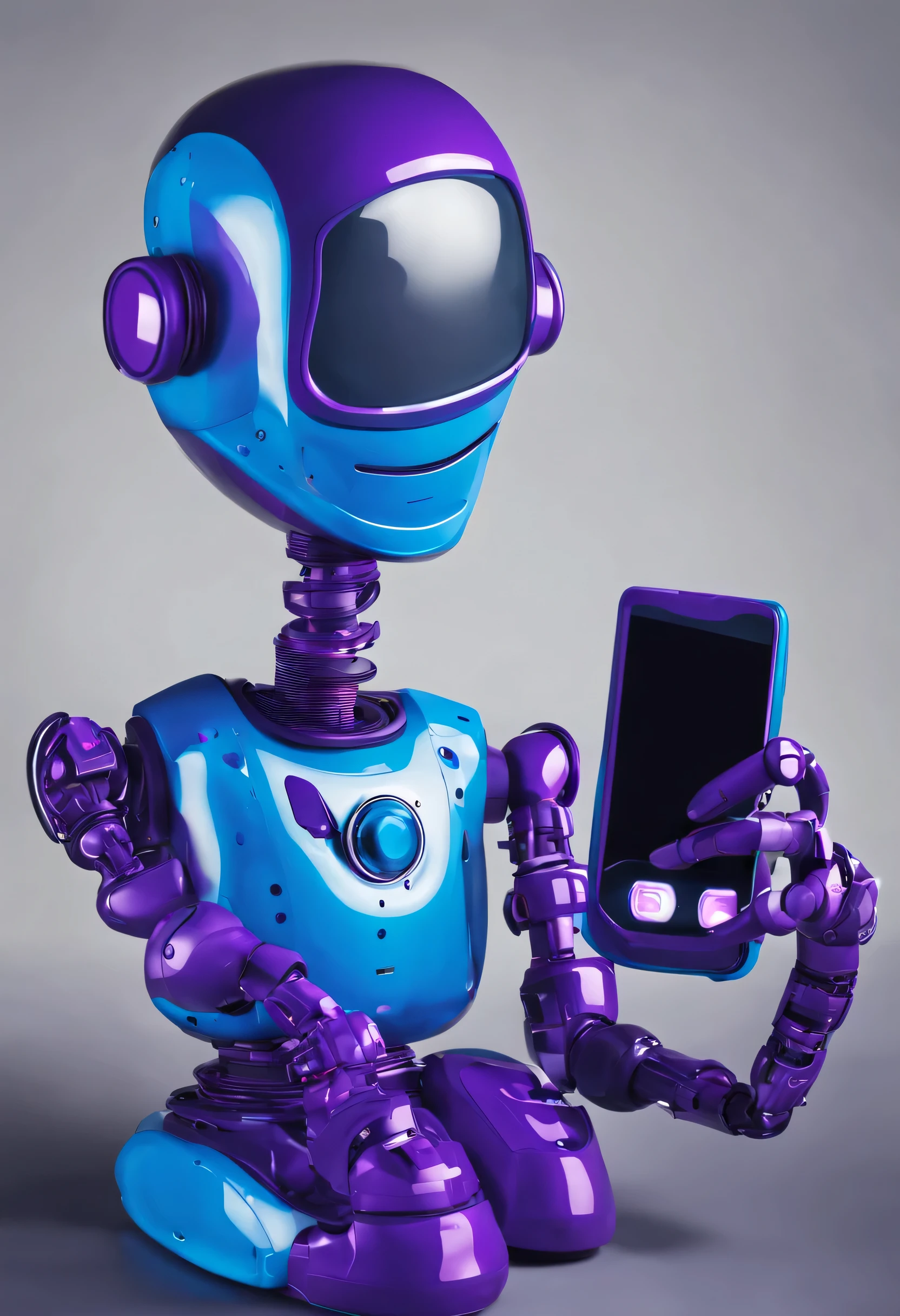 crées moi un petit robot de couleur bleu nuit et violet  avec des telephones et des écrans pour comuniquer avec le monde sur les réseaux sociaux web3