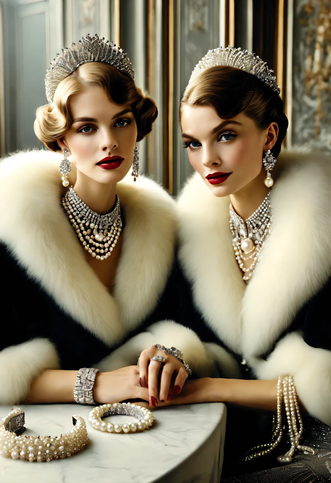magazine design style, portrait，best quality,8k,high resolution,super detailed，super clear,Creative style artwork,classical,，
（ Two fashionable girls wearing high-end black fur coats and gauze skirts are sitting at the table），gorgeous、Exquisitely crafted diamond rings and bracelets，tiara jewelry，vintage ，The atmosphere of the 1920s,  （blond：1.34），Fur coat has delicate texture，smooth visible velvet，Wear pearl jewelry，Advanced custom lace clothing，perfect fingers，（White skin），（Stacking accessories），
Luxurious and plump pearls，everything is clear，Composed of beads and brilliant diamonds，Pearls are usually round，（Each bead is the same size），Carefully selected、burnish，Smooth and delicate surface，Soft shine，Diamonds are the most dazzling part，They are cleverly mounted on metal frames，Contrast with pearls，Make the whole bracelet look noble and elegant，Dressed in 1920s fashion, 1920s hairstyles, 1 9 2 0 s style, 1 9 2 0 clothes, 1 9 2 0 s fabric style,