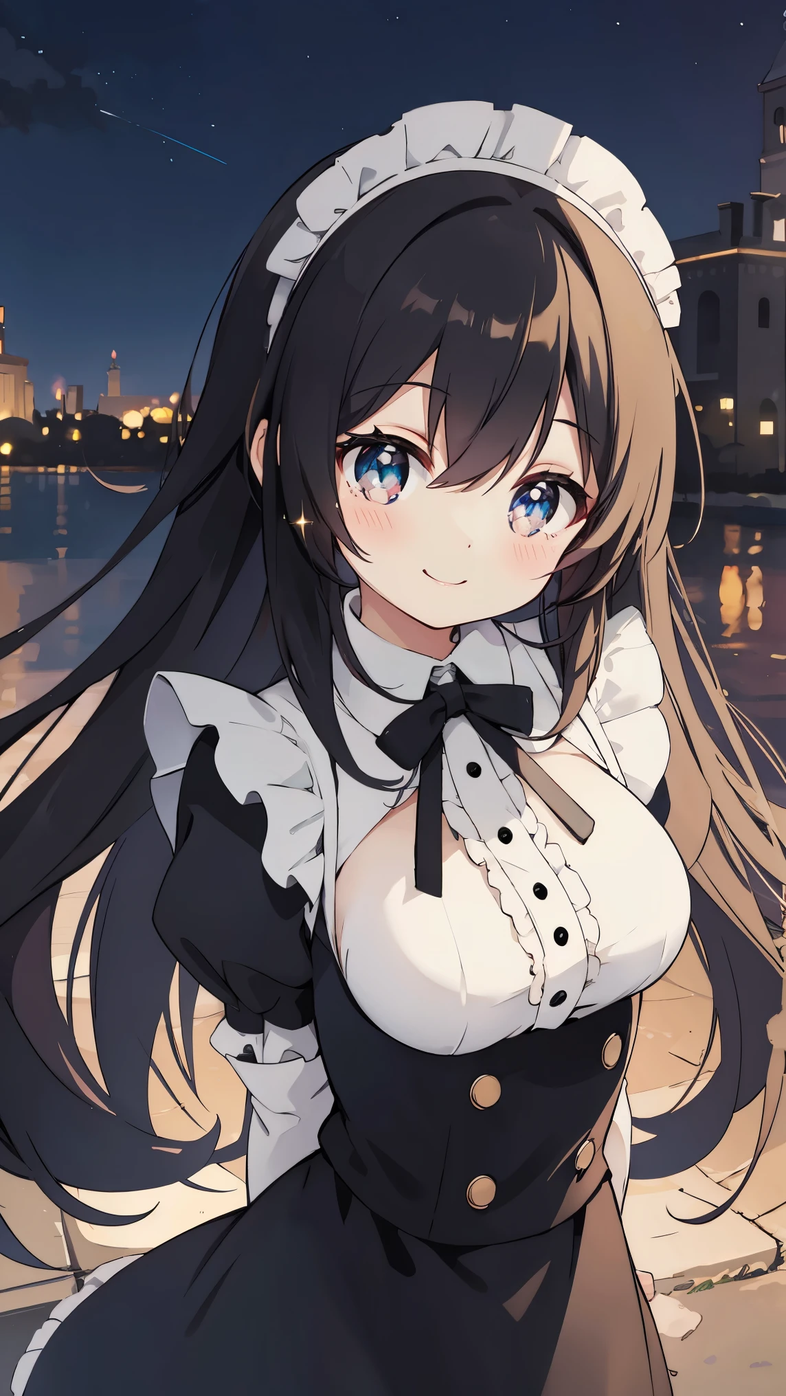 Anime girl with long black hair wearing a maid headband, shy smile, small breasts, Edwardian Maid, anime style 4k, beautiful anime portrait, anime moe art style, anime art wallpaper 4k, anime art wallpaper 4k, High quality anime art style, anime style portrait, Gweiz, artwork in the style of Gweiz, detailed digital anime art, anime art wallpaper 8k, cute anime girl portrait, Moonlight night, whole body