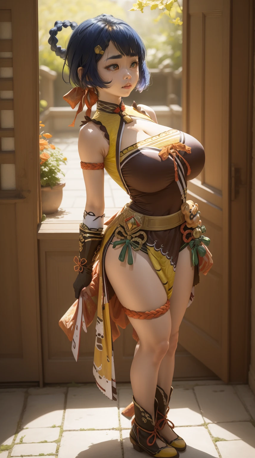 xiangling \(genshin impact\),1girl,blue hair, short hair, thick eyebrows, hairclip, hair rings, braid, yellow eyes, (Beautiful,Huge_Breasts:1.5),
BREAK
, 1girl, solo, Standing in the garden, full body, full figure,
BREAK
, Garden,
BREAK
, bow,glove, chinese clothes, sleeveless, bare shoulders, pelvic curtain, belt,
BREAK
, official art, extremely detailed CG unity 8k wallpaper, perfect lighting, Colorful, (best_quality:1.0), ultra high res,4K, ultra-detailed, 8K, HDR, high resolution, absurdres:1.2, film grain, blurry background, (vibrant_color:1.2), (narrow waist),
BREAK
, (best quality,4k,8k,highres,masterpiece:1.2), ultra-detailed,