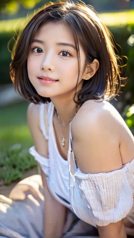 Girl, Small bust, Detailed eyes and lips, beautiful short hair、Delicate facial features, is wearing dress, bask in the warm sunshine, Enjoy the breeze, Exquisite brushwork, Capture every delicate detail, hight resolution, Vivid colors, Super masterpiece:1.2, Soft pastel color palette, highlight the girl'innocence and purity, Natural lighting, creating a warm and inviting ambience、Unusual look、rosy cheeks、On the bed in the bedroom、sexy pose