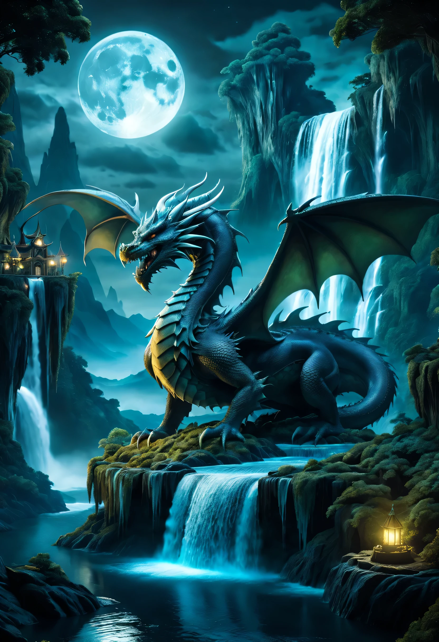 Fantasy Landscape with a Majestic Dragon, its scales shimmering under the ethereal moonlight, perched atop a mystical floating island surrounded by cascading waterfalls. Rendered in a Cinematic style inspired by the fantasy works of artists like H.R. Giger and Chris Rahn, emphasizing dramatic lighting and detailed textures.