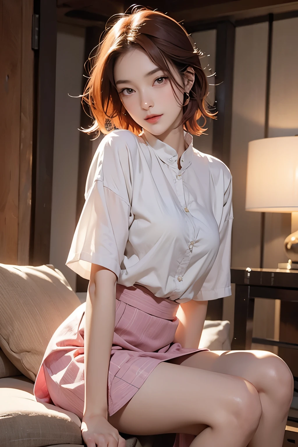 beautiful woman, 32 years old, short red hair, sparkling brown eyes, and , and a purple and pink blaser, skirt, and白い背景, intricate details,