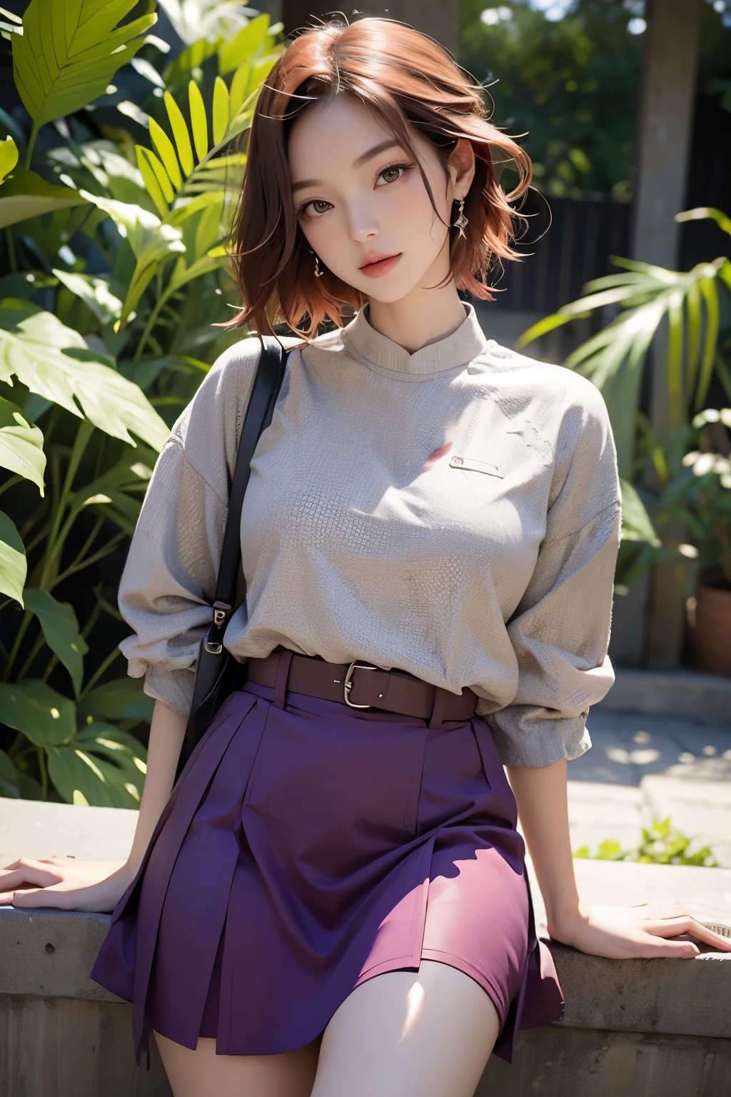 beautiful woman, 32 years old, short red hair, sparkling brown eyes, and , and a purple and pink blaser, skirt, and白い背景, intricate details,