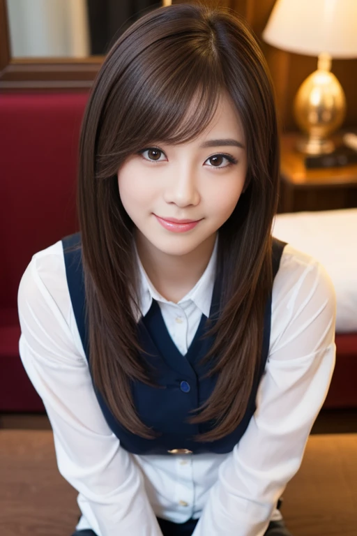 ((highest quality、best image quality、ultra high resolution、Drawn in ultra-high definition、alone、look closely at the camera))、1 girl、realistic、written boundary depth、natural soft light、Echiechi, Constricted body, 30 years old, beautiful and detailed eyes, short bob hair, highest quality, masterpiece, Layer Bob Hair, Moist eyes, great pose, brown eyes, smile, perfect fingers、perfect hands、perfect body、perfect face, perfect ???????, glossy lips, natural makeup, small ass, professional lighting, cowboy shot, self snap, miniskirt, long sleeve, simple background, Hotel,, From above,