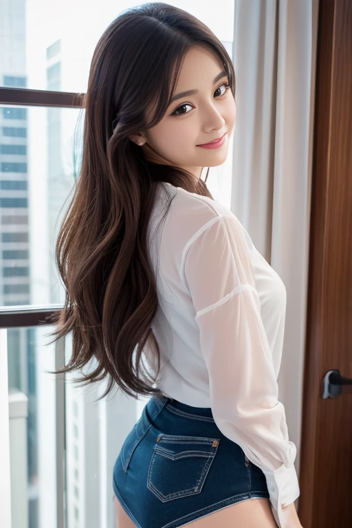 ((highest quality、best image quality、ultra high resolution、Drawn in ultra-high definition、alone、look closely at the camera))、1 girl、realistic、written boundary depth、natural soft light、Echiechi, Constricted body, 30 years old, beautiful and detailed eyes, short bob hair, highest quality, masterpiece, Layer Bob Hair, Moist eyes, great pose, brown eyes, smile, perfect fingers、perfect hands、perfect body、perfect face, perfect anatomy, glossy lips, natural makeup, small ass, professional lighting, cowboy shot, self snap, miniskirt, long sleeve, simple background, Hotel,, From above,