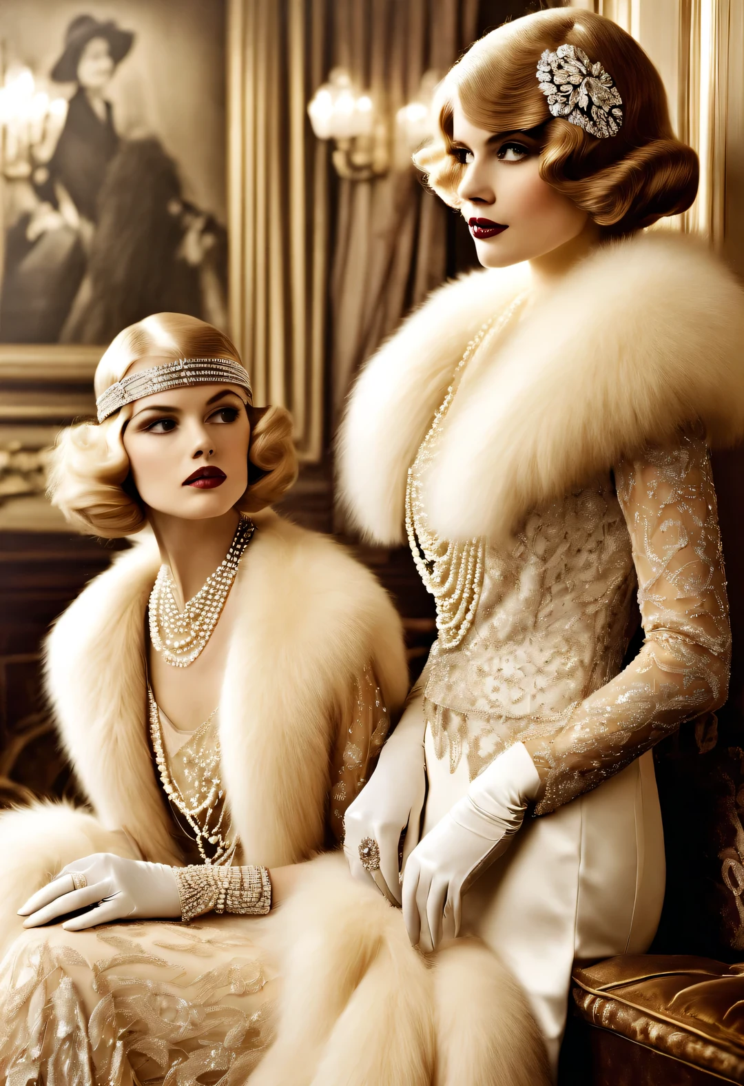 Vintage photography style, portrait,best quality,8k,high resolution,super detailed,super clear,Creative style artwork,classical,,
( Two girls in fashionable clothes sitting at coffee table looking out the window. Girl wearing high-end fur coat sitting at the table.),gorgeous、Exquisitely crafted diamond rings and bracelets,tiara jewelry,vintage ,The atmosphere of the 1920s, (blond:1.34),Fur coat has delicate texture,smooth visible velvet,Wear pearl jewelry,Advanced custom lace clothing,perfect fingers,(White skin),(Stacking accessories),
Luxurious and plump pearls,everything is clear,Composed of beads and brilliant diamonds,Pearls are usually round,(Each bead is the same size),Carefully selected、burnish,Smooth and delicate surface,Soft shine,Diamonds are the most dazzling part,They are cleverly mounted on metal frames,Contrast with pearls,Make the whole bracelet look noble and elegant,Dressed in 1920s fashion, 1920s hairstyles, 1 9 2 0 s style, 1 9 2 0 clothes, 1 9 2 0 s fabric style,