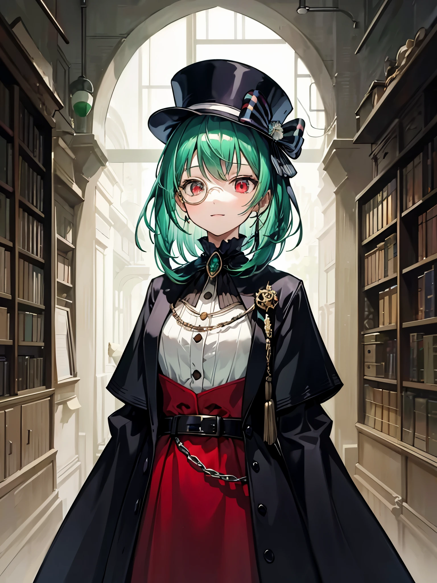 （（（masterpiece、Highest image quality、highest quality、highly detailed unity 8ｋwallpaper）））、（（Illustration of one girl、upper body））、（（（beautiful girl）））、（librarian）、（Emerald green hair、messy hair、sidelocks：1.2、red eyes、crazy smile）、（（（flat chest）））、（（（monocle）））、pocket watch、（（（Black top hat、Black tuxedo、belt）））、great medieval library、Large amount of books