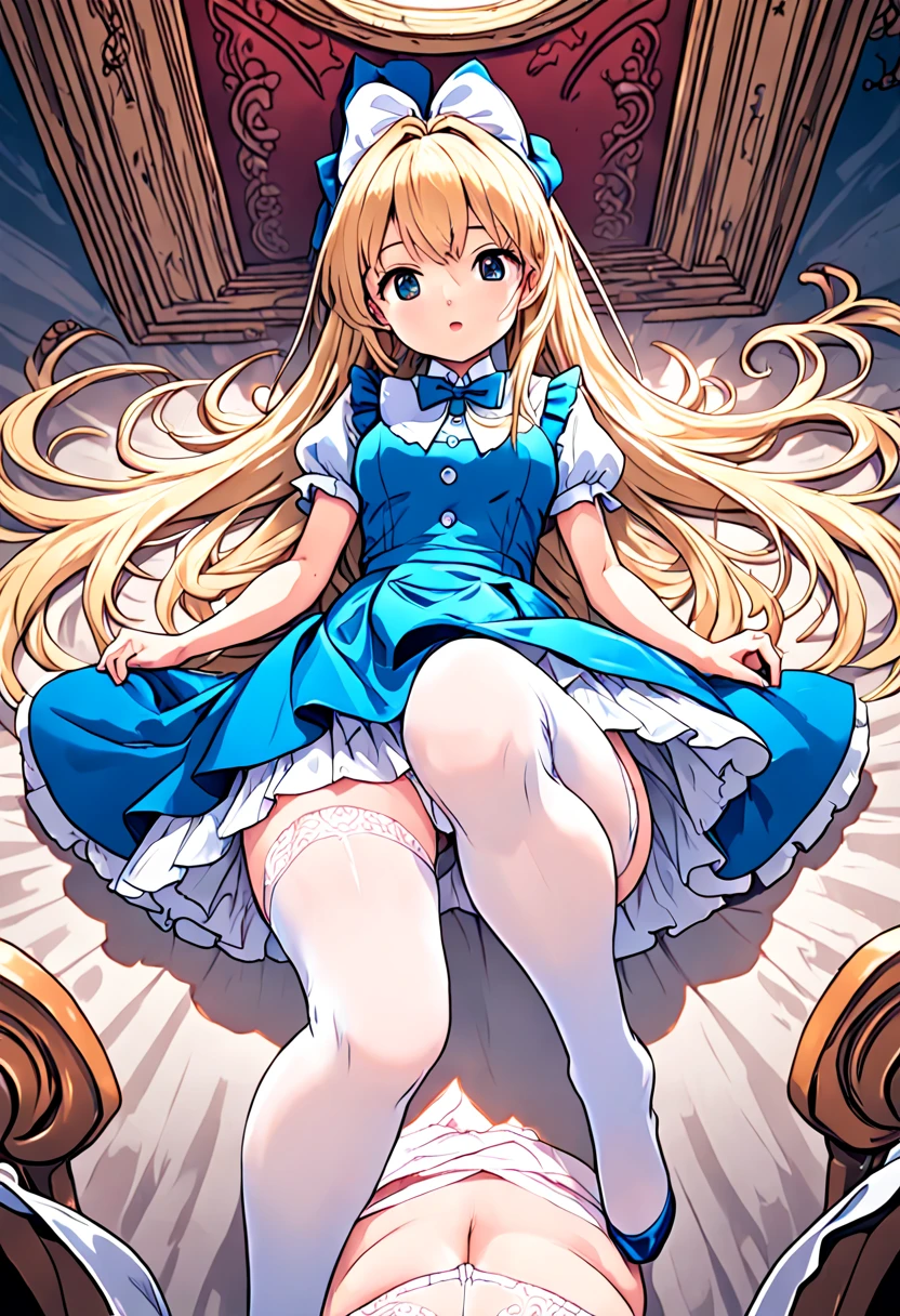 super detailed,(highest quality),((masterpiece)),(High resolution),original,Highly detailed 8K wallpaper,(very delicate and beautiful),
anime,
alice in wonderland,1girl blonde straight hair serious white stockings sit watch ( manga-anime , Gradient by Yumei Victor Ngai),NO Panties Pussy Legs Spread Lifting Skirt Legs Spread Wide Pussy Spreading Panties on Knees Masturbation, NSFW,No Panties,Pull down your panties,