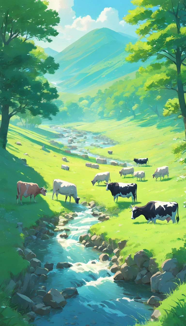 A herd of cows and sheep grazing by the stream