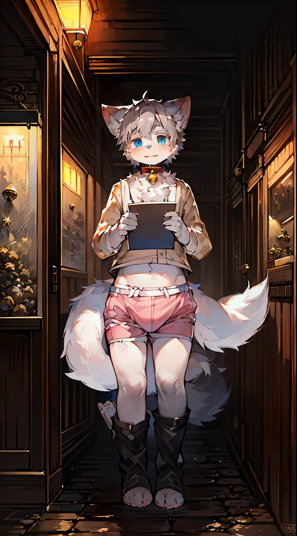masterpiece, high quality, Outrageous resolution, digital painting \ (illustration \), Writer: Dagashi, yes, kiyosan, (fluffy fur, white fur, Full Body Furry,). boy, blue eyes, gray hair, bright eyes, panorama, Character focus. detailed background, (Bells, Pet collar), ((cute diaper)),pink diaper, wearing diaper, not pants 