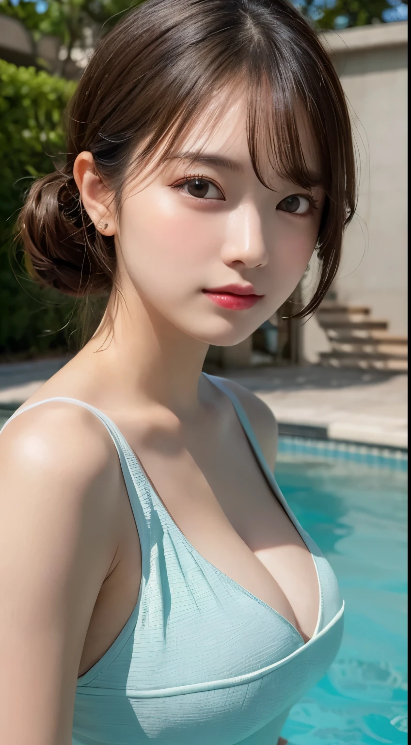 masterpiece, (photoGenuineistic: 1.4), highest quality, Beautiful lighting, Japanese , alone, jewelry, Earrings, (black eye、Big eyes、Baby Face:1.2), (Brown Hair、short hair、Twin tails、bangsが揃っている:1.2), Outdoor, Big Breasts, Scapula, Glowing Lips,smile、sunset,Genuine, bangs, (Golden ratio face、plump lower lip、Pink Lips:1.4)、fine grain、Detailed nose、Fine ears、Glossy lips detail、Colored Stone Necklace, (Big Breasts:1.8),(CG Unity 8k high resolution wallpaper), Complex, Attention to detail, Sharp focus, dramatic, beautiful girl,(The surface of the water is reflecting、Blurred Background:1.6),(Black Hair、鈍いbangs, 額はbangsで隠されています:1.4)、BREAK (Her breasts are completely hidden by the light、Hidden:1.8)