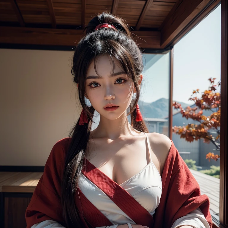 masterpiece, highest quality, super detailed, CG illustration, cowboy shot, High resolution, better lighting, best shadow, very delicate and beautiful, Proper shading, HD, 8K, ray tracing, Very detailed and sharp backgrounds, perfect light, anime style, Inspired by the game Maho Kenshi: Ruby House (tengu, Winged mountain god, Aggressive, red and white colors), strength, Samurai Punk, alone, 1 female, black hair, red eyes, adult, Obi Tassel,