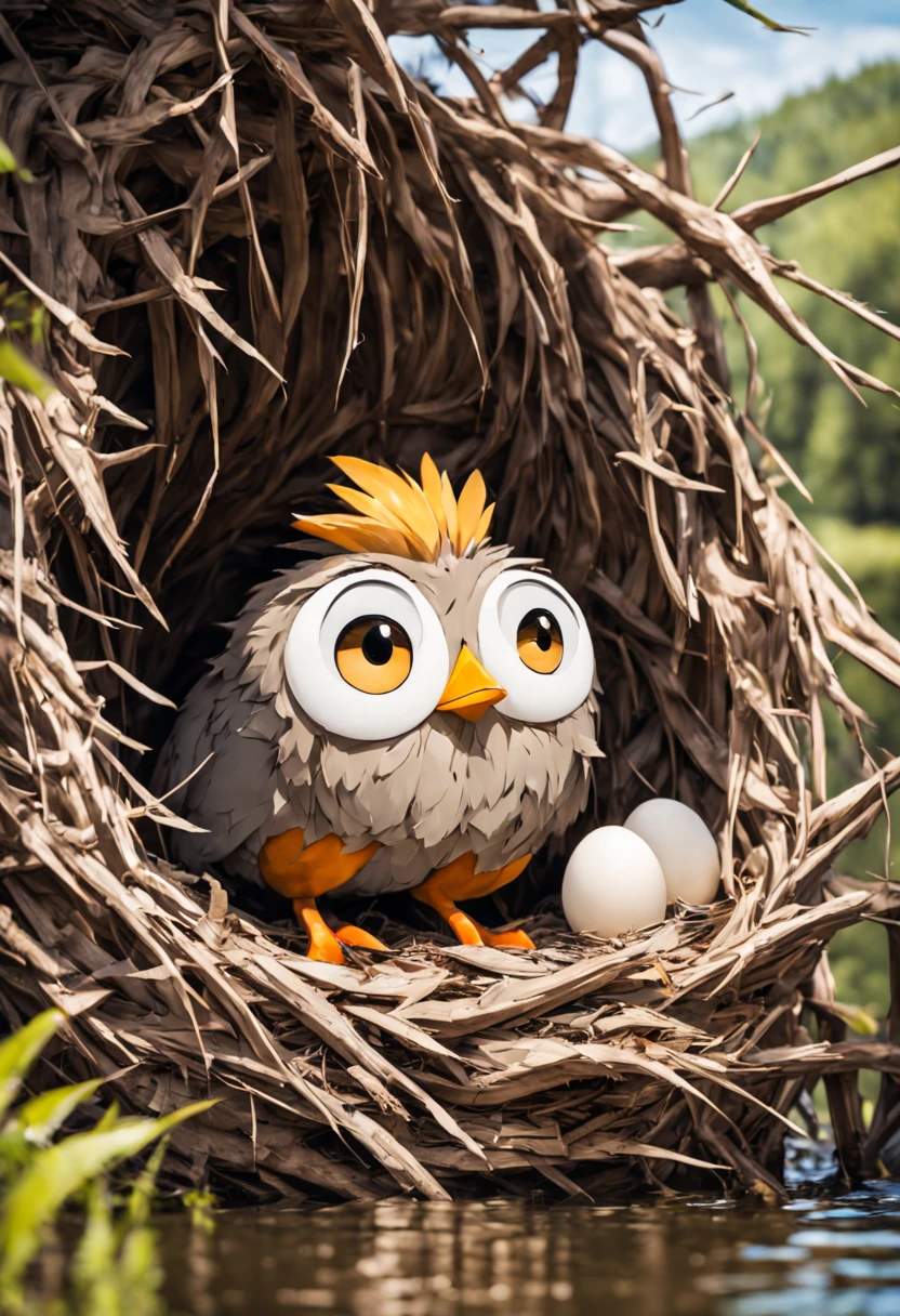 Stunning portrait of an ugly cute scruffy funny old crazy big eyed bird with long legs standing in a nest with eggs in a beautiful lake. Wacky bird in nest. Sharp focus on bird. 50mm professional photo