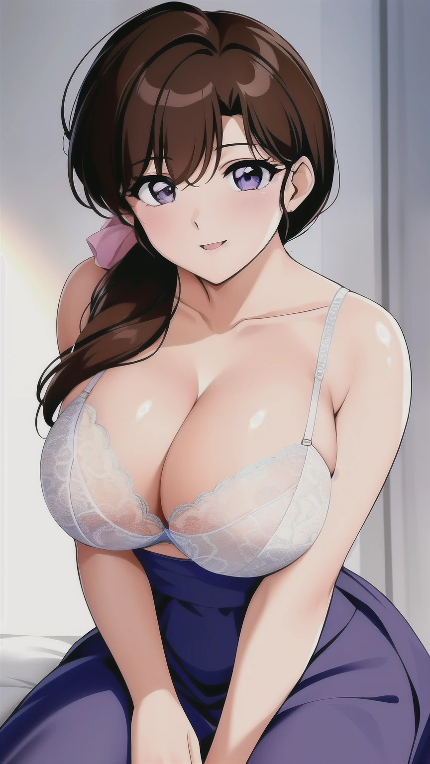 tendou_kasumi, Yellow_Shirt_blue_high-waist_skirt, solo, large breasts,, masterpiece, best quality, detailed face,(pink lace bra), detailed eyes, highres,perfect face, perfect body,big tits,smiling, sitting,upper body,cleavage,open dress,open clothes, (show tits),perfect tits