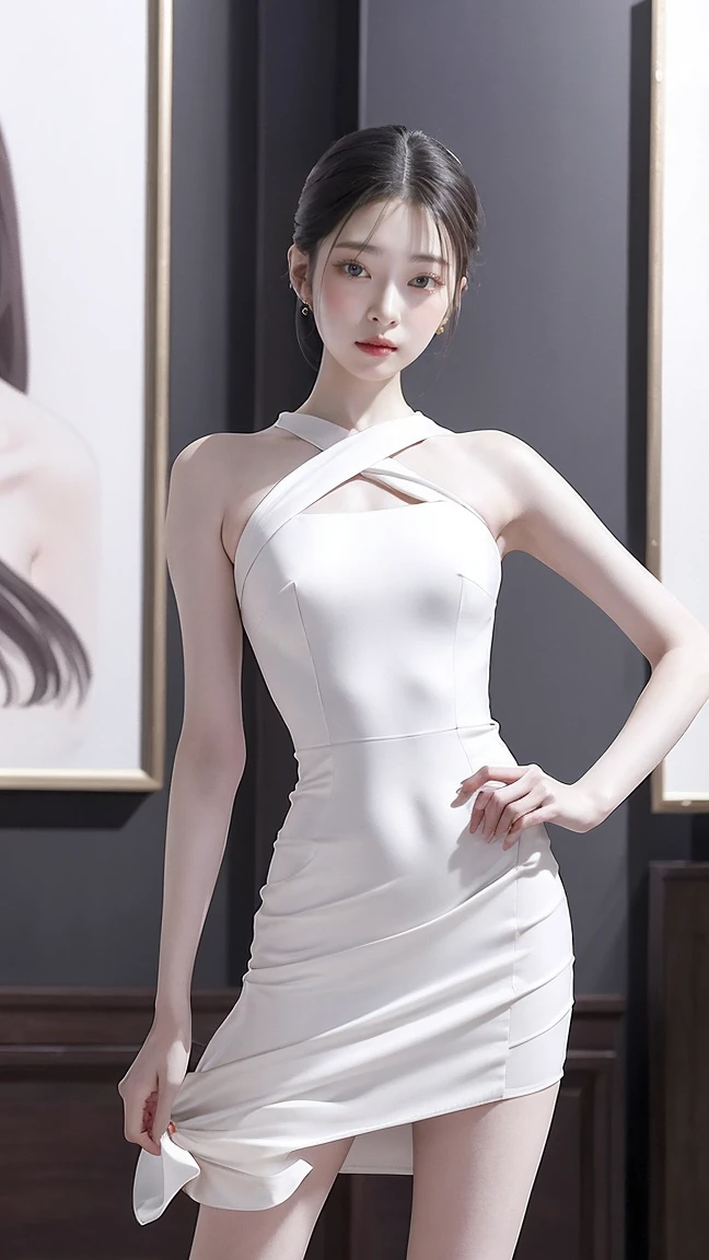 a woman in a short dress posing in front of a painting, gorgeous young korean woman, wearing an elegant dress, beautiful young korean woman, sexy dress, beautiful south korean woman, yanjun chengt, jaeyeon nam, korean women's fashion model, elegant dress, hwang se - on, pink dress, korean artist, wearing a white dress, cute korean actress full body