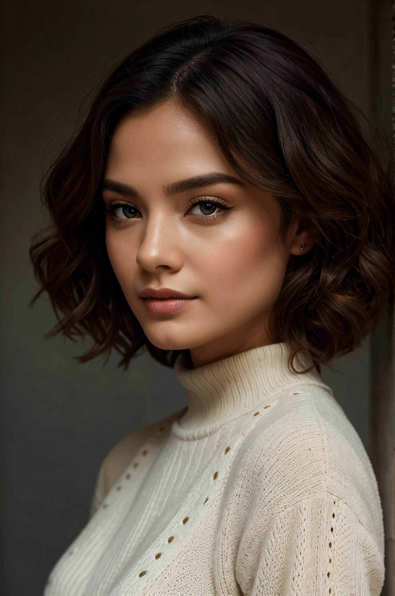 (高真实photo, high resolution, Detailed face, delicate eyes)photo, bust,doll, Photographic model, bob hair, curls, black high-neck sweater, Portrait medium shot on gray background