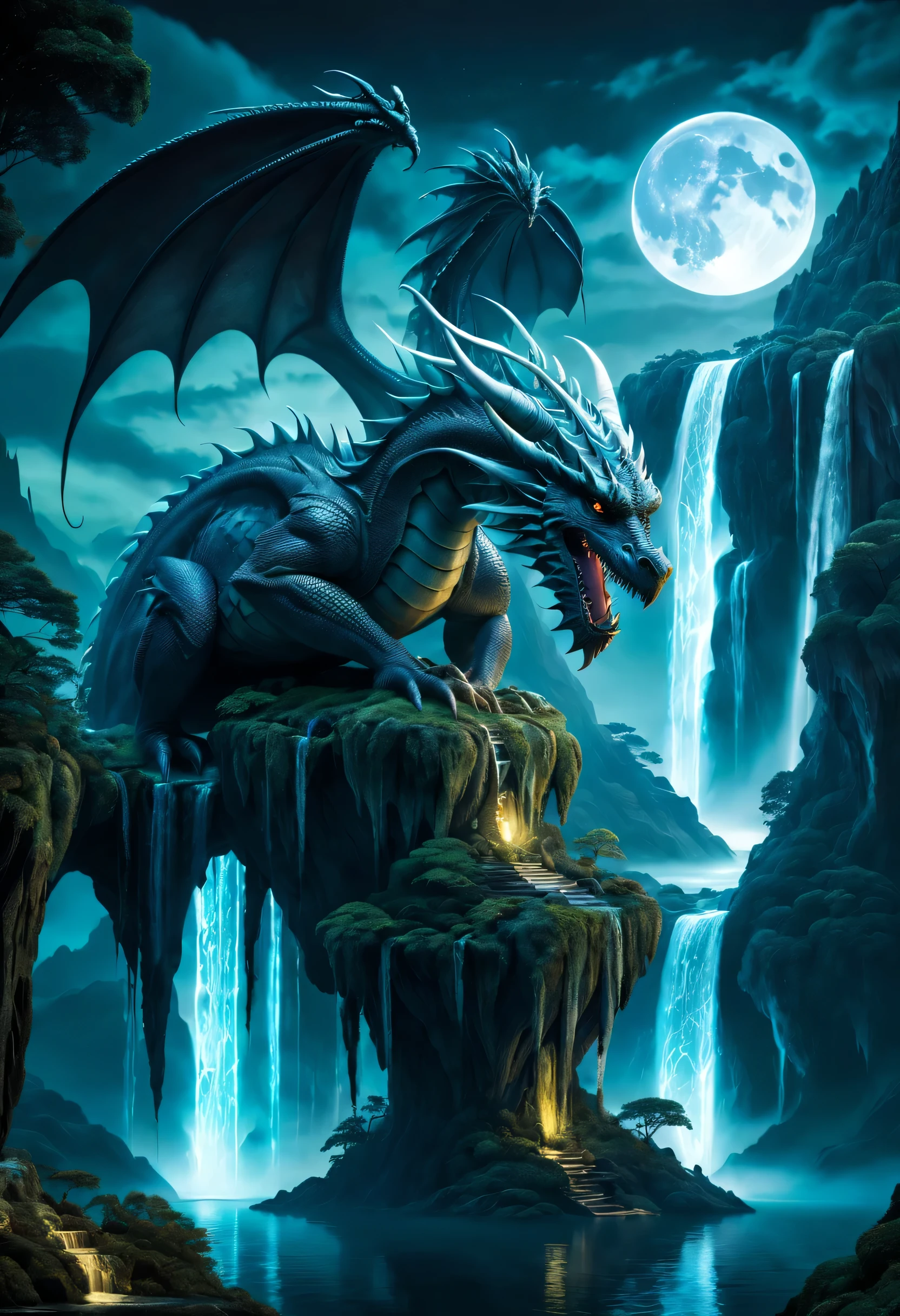 (A European dragon with 2 wings sleeping in front of a forest waterfall ), solo, waterfall, moon mystical creature, realistic, ultra detailed, dynamic pose, moonlit night, detailed forest background, vegetation in the foreground