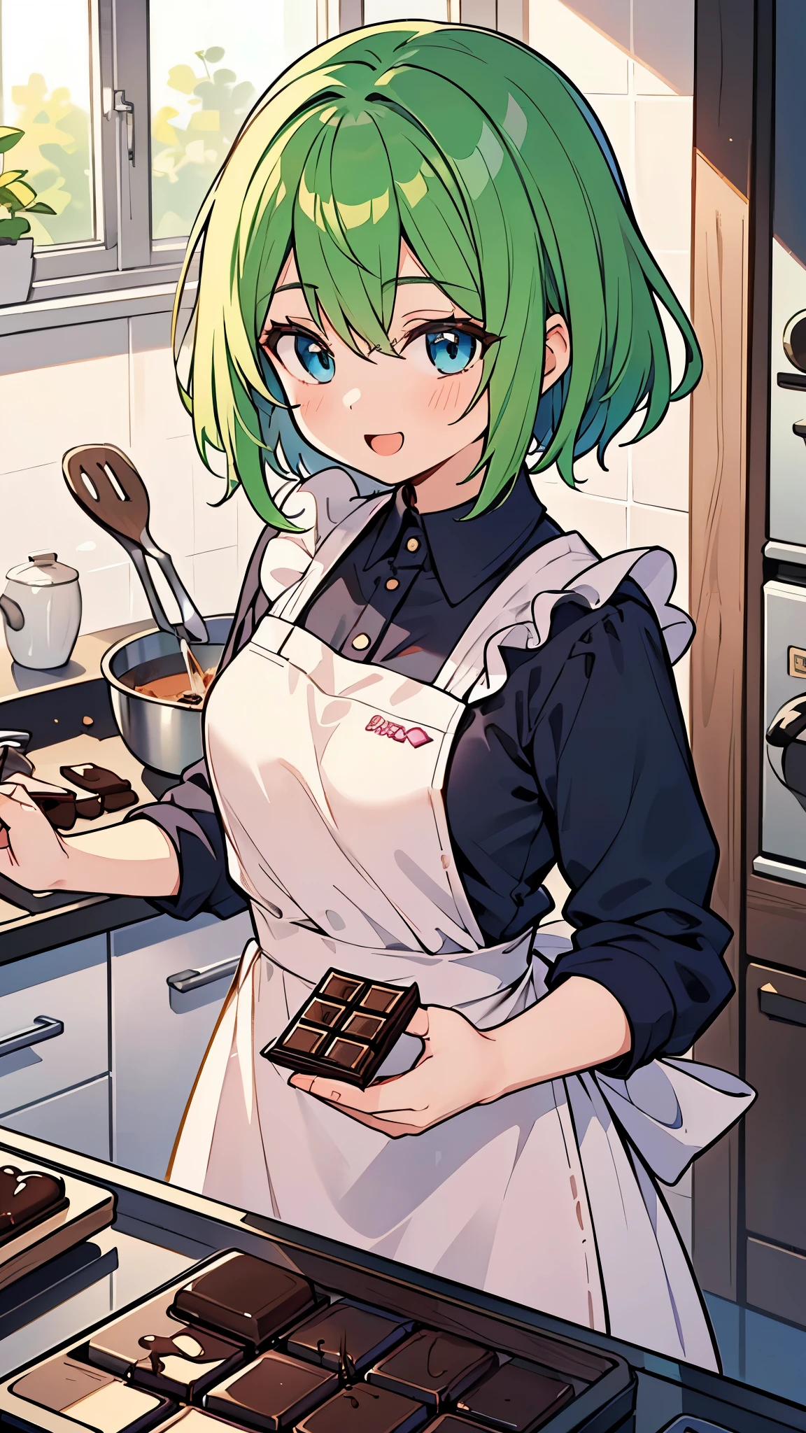 ((Pretty High School girl with green hair and blue eyes)), ((wearing an apron)), ((cooking chocolate)),  face, ((master piece, top-quality, ultra-definition, high resolution)), anime girl, ((ultra-detailed illust:1.2)), only one person, bangs, hair between eye, beautiful hair, Shiny eyes, Medium breasts, Big smile, opened mouth, in the kitchen