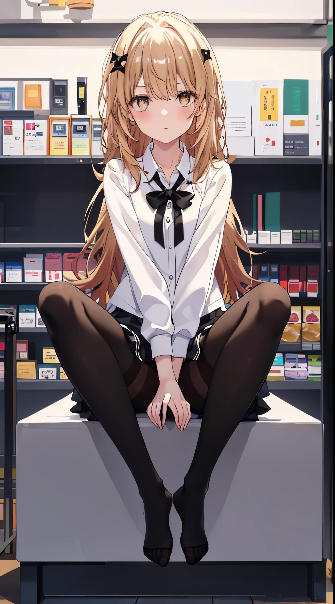 finest, masterpiece, High resolution, (Full body view from head to toe), front, frontやや下からの構図, Symmetrical, 18 year old girl, alone, (whole body from head to toe), small breasts, brown hair, slightly messy hair, long hair, bangs, (black tights), ( (black pantyhose), black pantyhose, (squating pose), (spread legs), (Her legs are spread and her white panties are visible between her legs.), composition show me your white panties, slender beautiful legs, とても美しい18 year old girl, (not wearing shoes), blush, shy big eyes, messy hair, looking at camera, show me your white panties, Pure white underwear