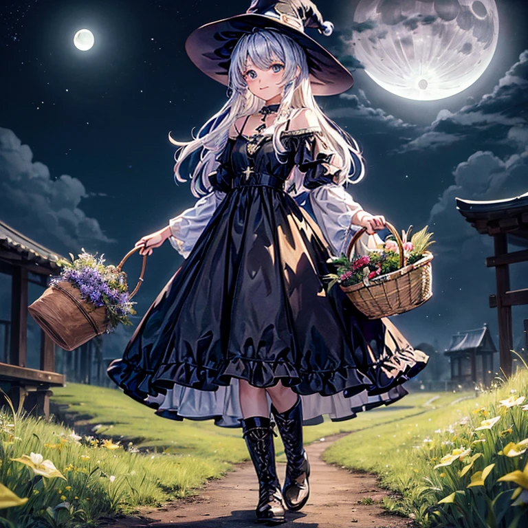 (color々A witch around 25 years old is standing there holding a large basket of medicinal herbs.) and (There is one cat with black fur.)　、Beige dress、黒colorのマント、黒colorの三角帽子、　dark brown long boots、　green eyes、　 A sloppy smile　、Bluestone Pendant、(Moonlight night:1.4)、　starry ski、　　(grassland)　、colorとりどりの花々