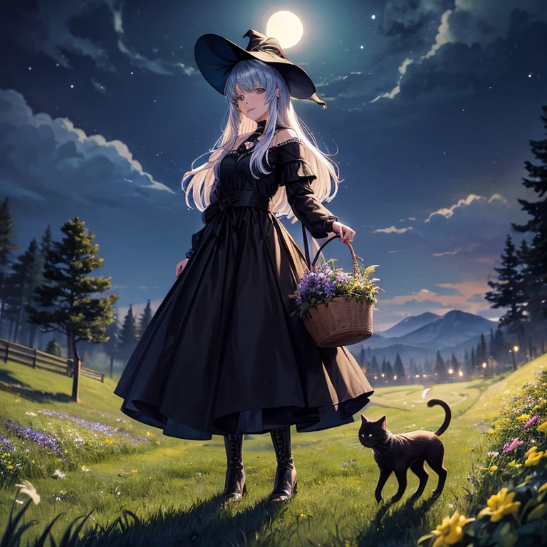 (color々A witch around 25 years old is standing there holding a large basket of medicinal herbs.) and (There is one cat with black fur.) 、Beige dress、黒colorのマント、黒colorの三角帽子、 dark brown long boots、 green eyes、 A sloppy smile 、Bluestone Pendant、(Moonlight night:1.4)、 starry ski、 (grassland) 、colorとりどりの花々