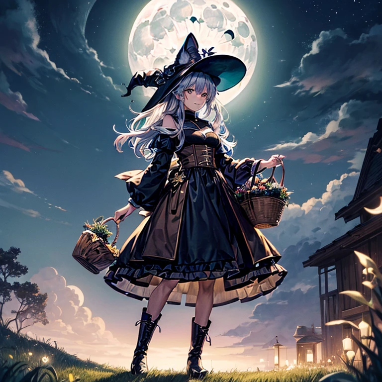 (color々A witch around 25 years old is standing there holding a large basket of medicinal herbs.) and (There is one cat with black fur.) 、Beige dress、黒colorのマント、黒colorの三角帽子、 dark brown long boots、 green eyes、 A sloppy smile 、Bluestone Pendant、(Moonlight night:1.4)、 starry ski、 (grassland) 、colorとりどりの花々