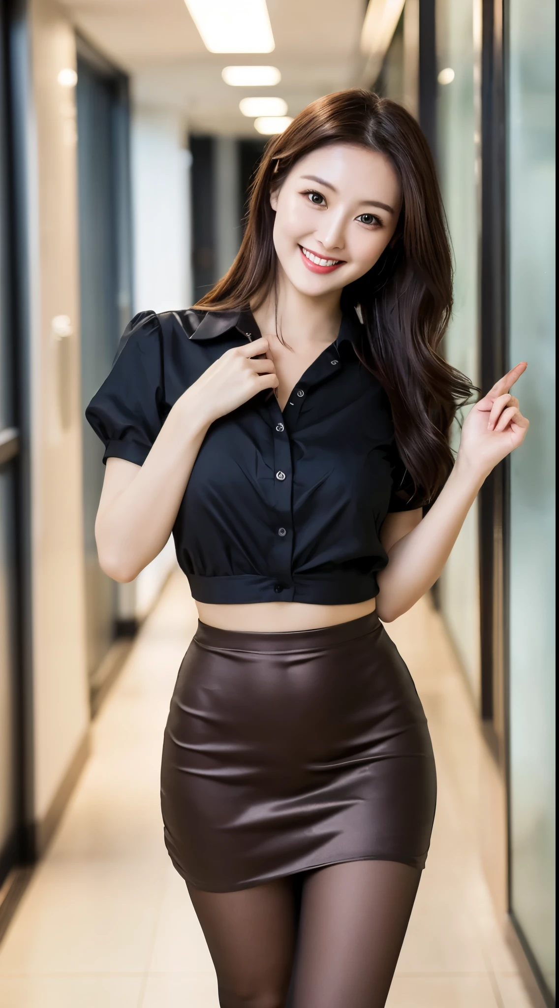 Ulchan-6500-v1.1, (RAW photo:1.2), (Photoreal), beautiful detailed girl, (genuine: 1.4), Bewitching beautiful mature elite secretary in luxurious silk blouse、40 years、height　154cm、well-proportioned body shape、hourglass figure、skirt and thighs、while walking down the hallway、Business service, (wearing pantyhose,realistic pantyhose)、work in the office、Wearing a satin blouse, ultra-thin fabric、smooth、See-through fabric、girl wearing luxury high heels, Wearing an elegant blouse, Wearing an ultra-thin blouse, business woman, Blouses and skirts, Wearing a silk blouse, wear a shirt and skirt, japanese goddess、huge file size, High resolution, very detailed, highest quality, [masterpiece:1.6], enlightenment, very detailed, nffsw, finely, highest quality, 8k wallpaper, movie lighting, perfect body shape, cute droopy eyes beautiful big eyes、Pieck finger, ((table top)), highest quality, eye shadow, ((full body shot:1.2))、(very affectionate smile:1.2)、realistic skin texture、shiny skin、exposed thighs!!!, AsianEyesEra,