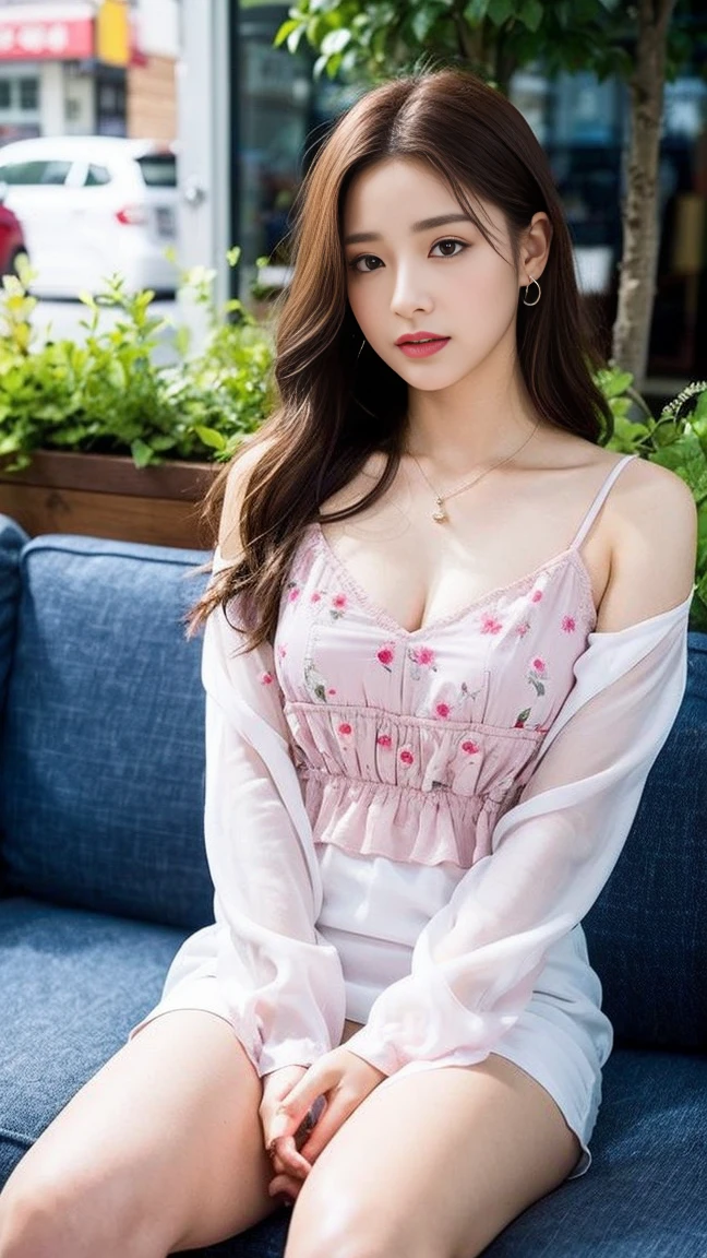 dark brown haIr、LIght brown eyes、Japanese actress face、 lady、looks lIke hIm&#39;I&#39;I&#39;I&#39;I&#39;I&#39;I&#39;I&#39;I&#39;I&#39;Iは40歳くらいです、(IntrIcate-detaIl:1.2)、(top-qualIty:1.4)、 (超A hIgh resolutIon:1.2)、超A hIgh resolutIon、(A detaIled eye)、(detaIled facIal features)、nffsw、8K resolutIon、D cup breasts、long hair、white clothes、troubled expression、Terrace cafe on the street with a flower shop、, flowers, a bustling magical town, mediterranean fishing village, Mediterranean cities, Sitting on sofa in café、beautiful feet、Scenery of magenta flowers in full bloom、sideways pose、彼は少し顎を上げて横目でIを見つめます.、
