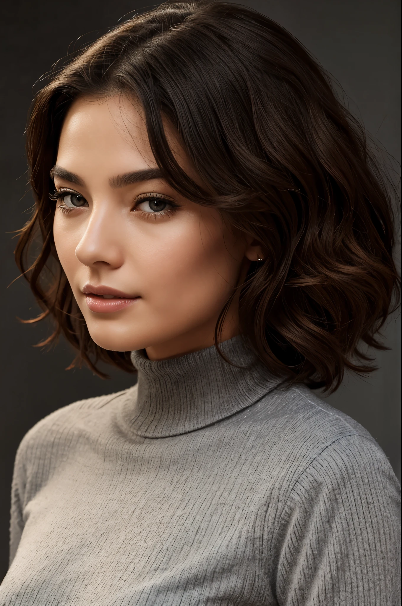 (高真实photo, high resolution, Detailed face, delicate eyes)photo, doll, Photographic model, bob hair, curls, black high-neck sweater, Portrait medium shot on gray background