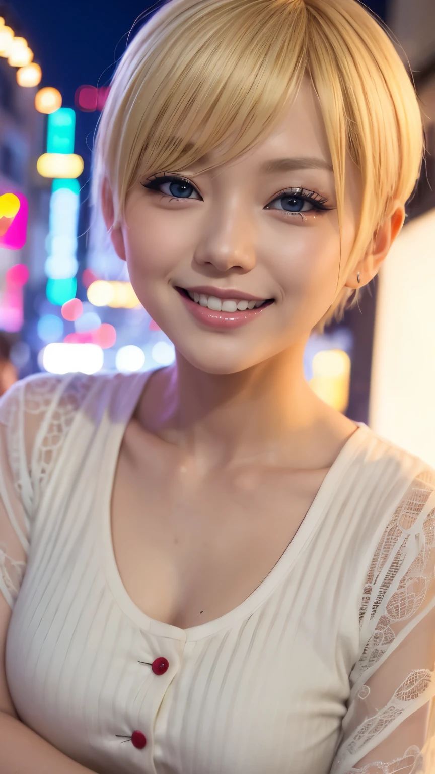 (Highest quality、4K、8k、High resolution、masterpiece:1.2)、Very detailed、(Genuine、Realistic、Realistic:1.3)、blonde、Pixie Cut、Black choker、((Completely naked))、Street Corner、Laughing from the heart