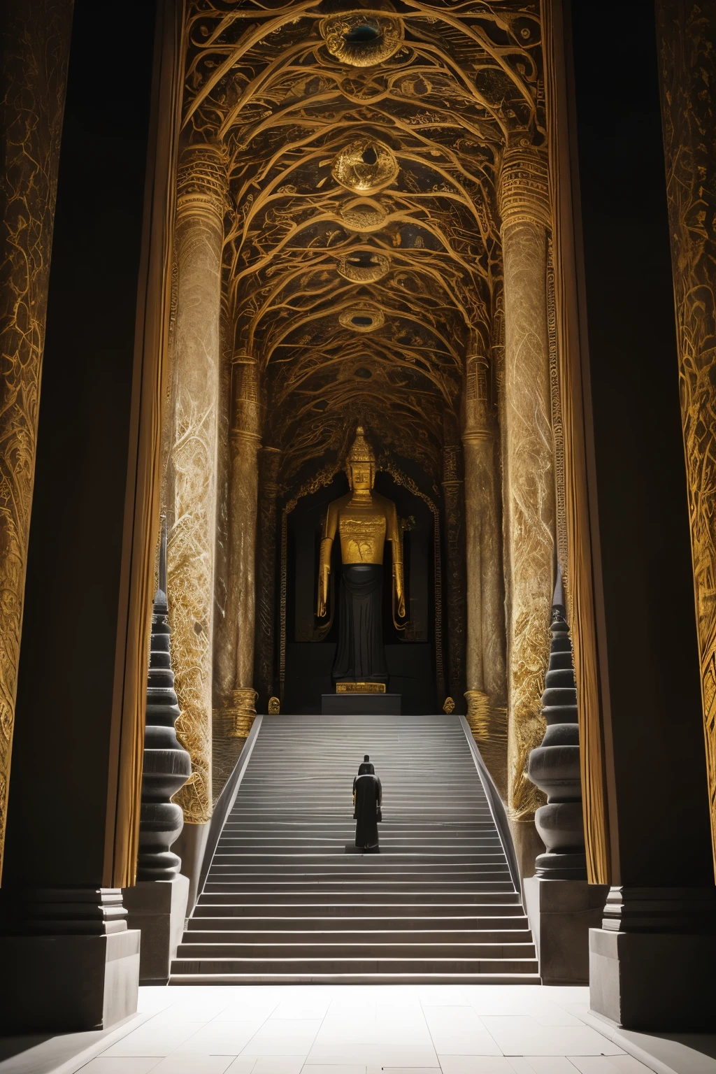 The masterpiece artwork is predominantly dark in style, evoking a sense of mystery and intrigue. In the heart of this enigmatic scene, a magnificent and awesome black Buddha statue stands in the distance, its intricacies and details glinting in the subdued light. Pilgrims on the road slowly advance along the stately, worn stone steps, their steps echoing off the temple walls as they take in the sacred sight.
The details of this painting are extremely delicate, each line and stroke meticulously crafted to bring the audience into this otherworldly realm. The vast difference between the light and dark areas creates an otherworldly atmosphere, and it's hard to stop gazing at