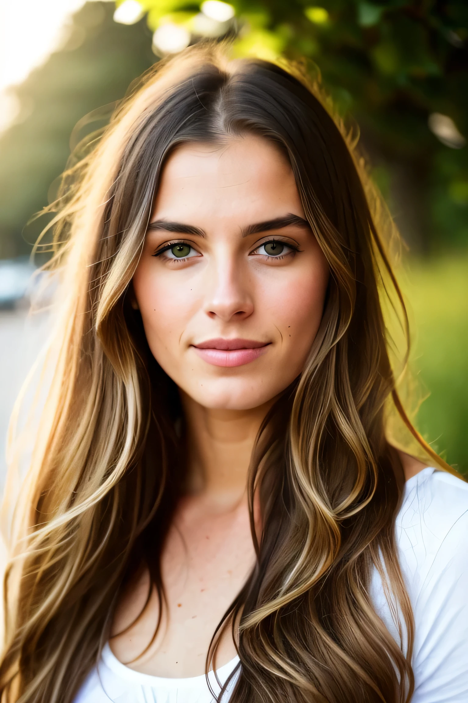 A photorealistic portrait of a 25 year old European girl with long, loose brown hair and green eyes. Ella debe tener un natural, accessible expression and be illuminated by soft, Luz solar de la hora dorada. The background should be a scenic outdoor setting, tal vez un parque iluminado por el sol o una playa. Capture this image with a high-resolution photograph using an 85mm lens for a flattering perspective