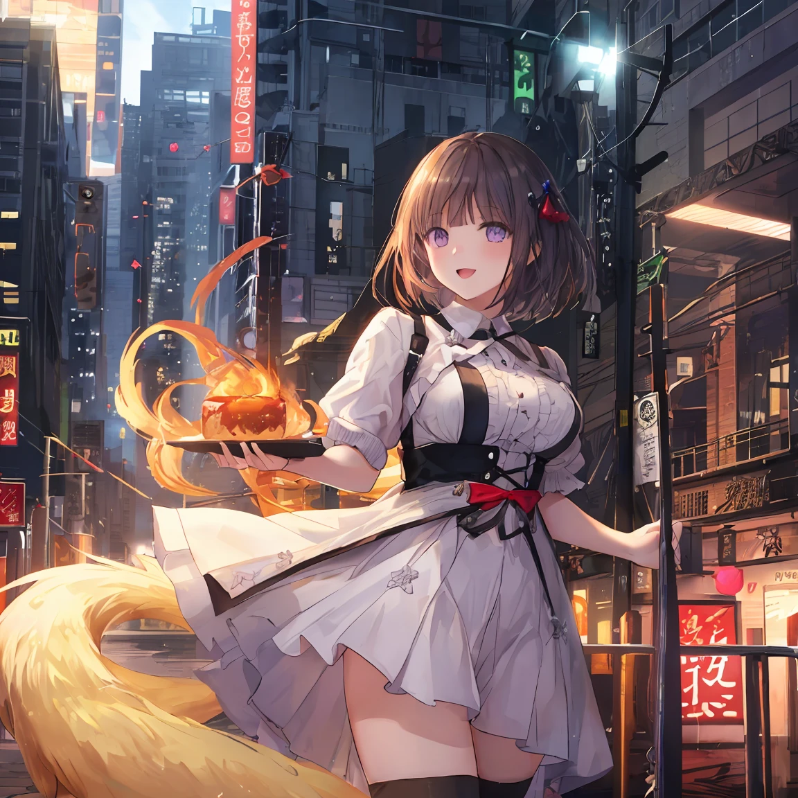 nine tailed fox, {{{one girl}}}, beautiful detailed girl, game CG, One curl outside, short bob hair, light bege hair, purple eyes,stylish accessories solo, breast enhancement, medium short, woman, Take-out, laughter, big breasts,Black knee-high,open your mouth, Daytime city, wonderful, beautiful and fine eyes, highest quality, super delicate,Masseter muscle part,highest quality,(official art、highest quality、Unity 8k wallpaper、32K、masterpiece、super detailed、Super high resolution、realistic、Photoreal:1.2)、(cinematic lighting:1.2)、fire glow effect、The grainiest shadow of the film、side light、side shot、(super detailedで複雑な3Dレンダリング)