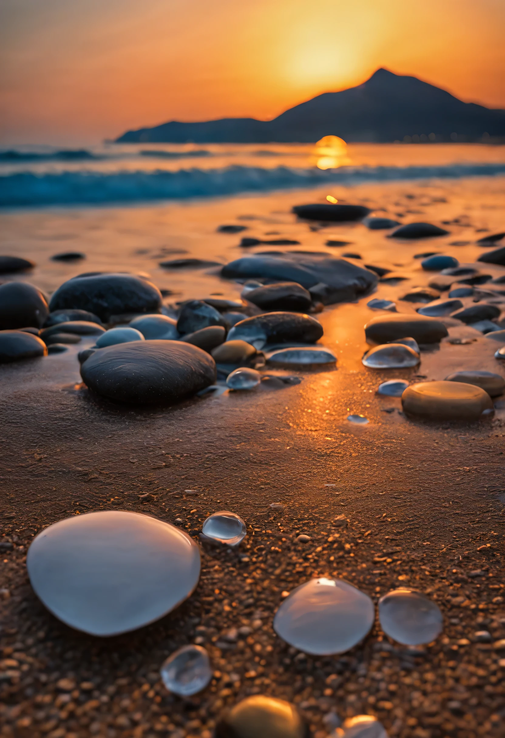 Sunset,Crystal clear water,Glowing pebbles,rock