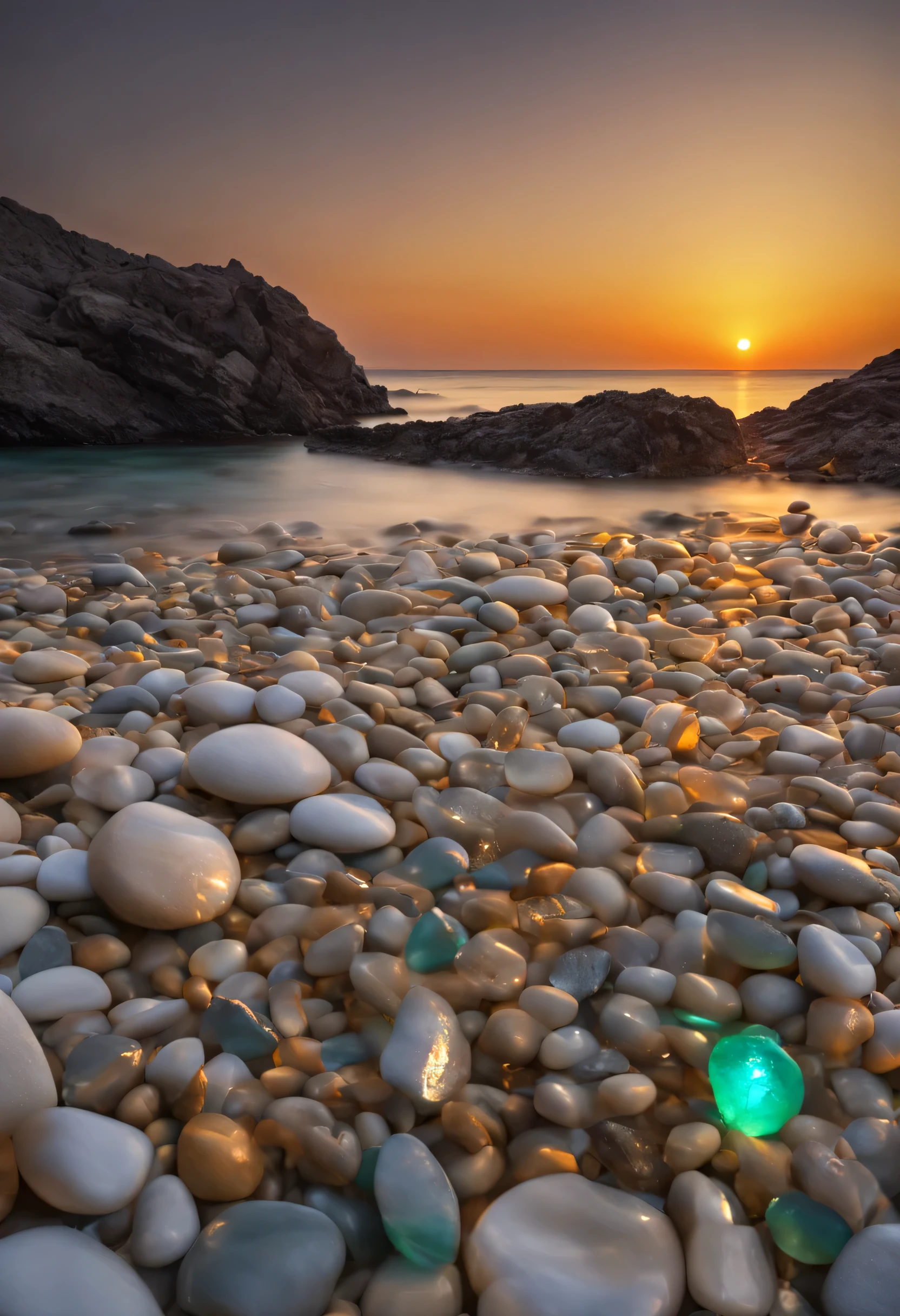 Sunset,Crystal clear water,Glowing pebbles,rock